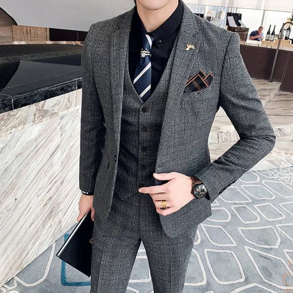 ( Jacket   Vest   Pants )  Plaid Casual Business Suit High-end Social Formal 3 Pcs Set