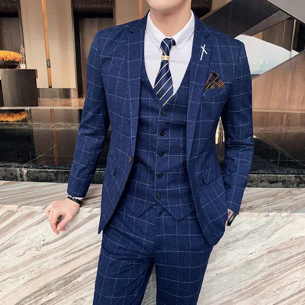 ( Jacket   Vest   Pants )  Plaid Casual Business Suit High-end Social Formal 3 Pcs Set