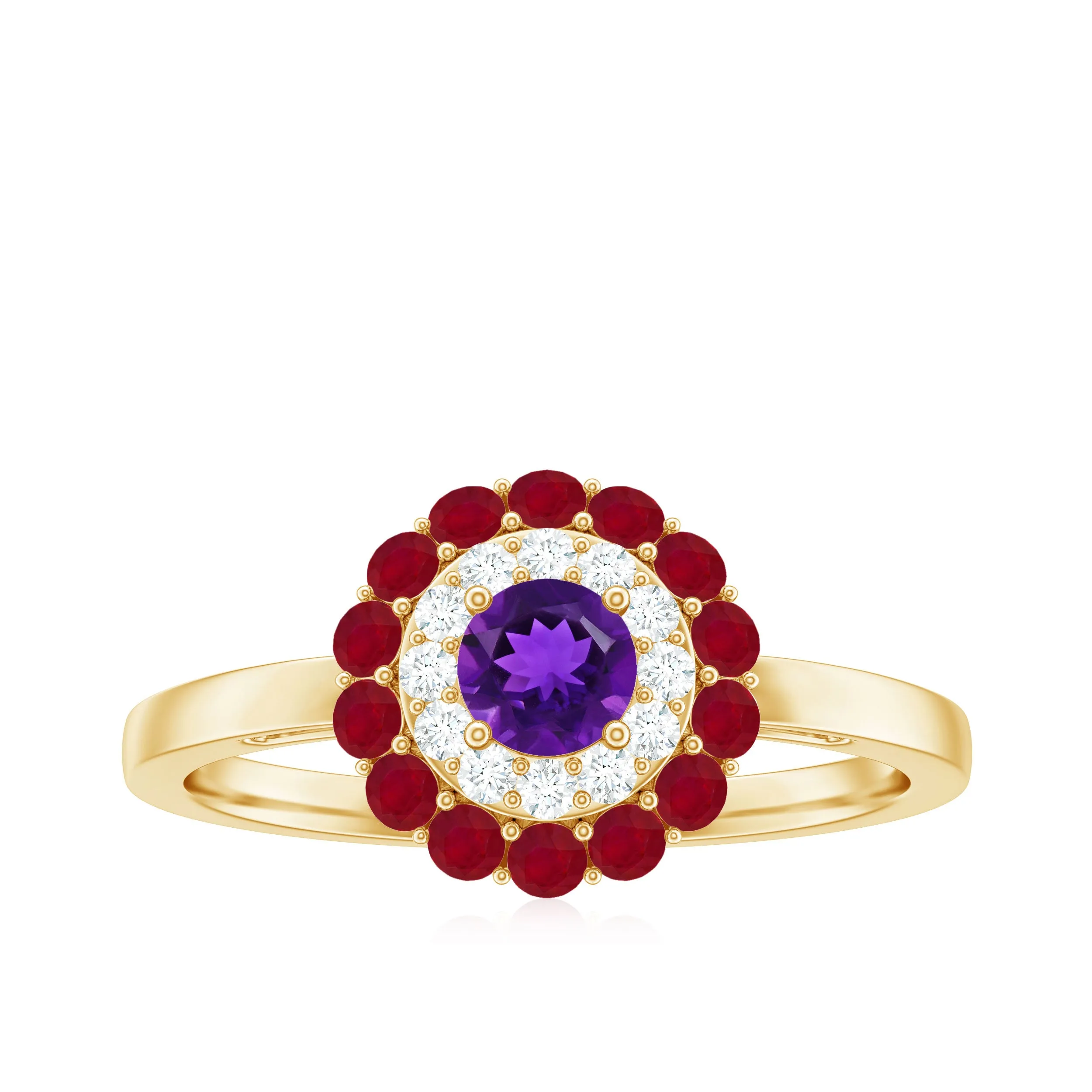 1 CT Amethyst and Moissanite Cocktail Engagement Ring with Ruby Halo