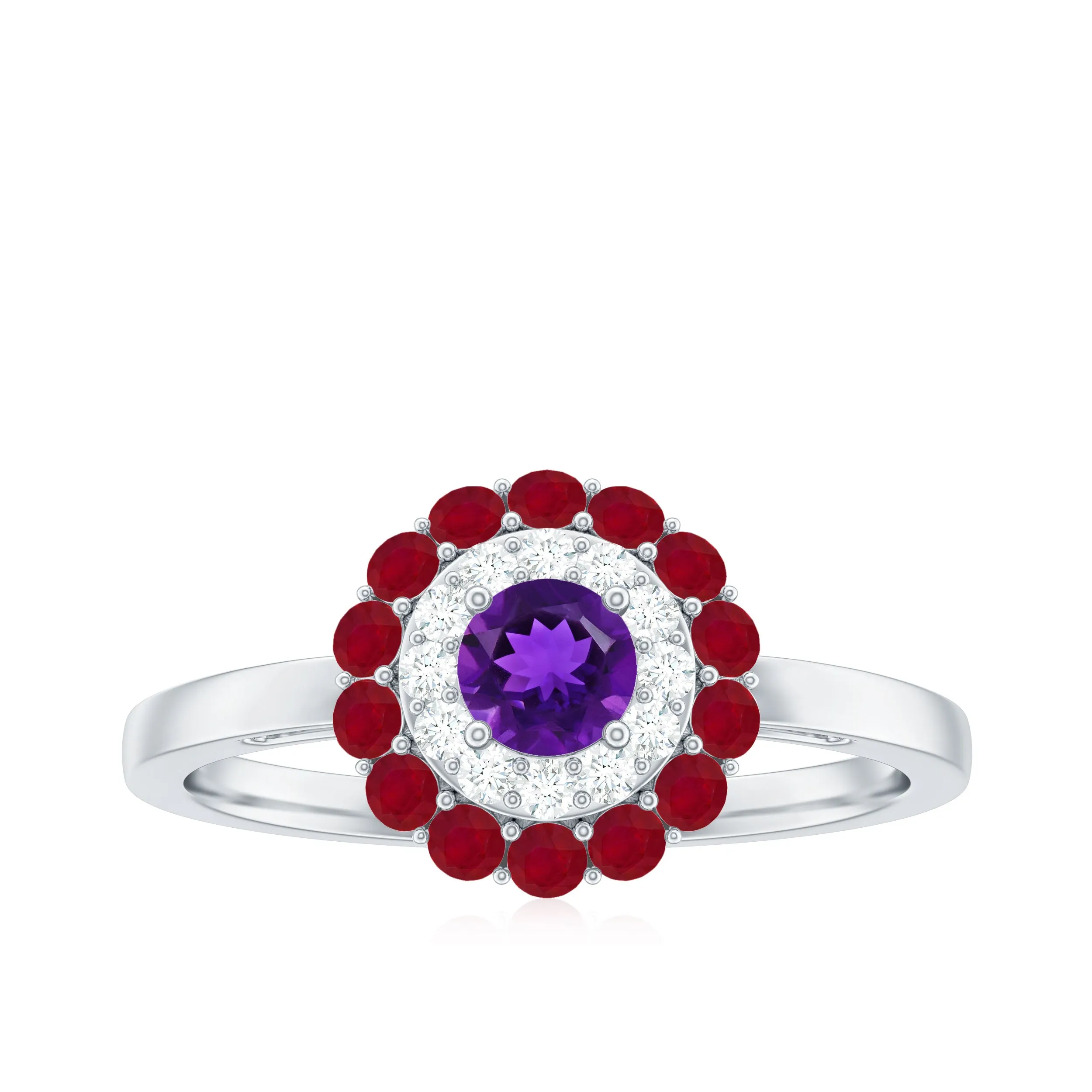 1 CT Amethyst and Moissanite Cocktail Engagement Ring with Ruby Halo