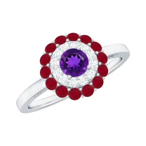 1 CT Amethyst and Moissanite Cocktail Engagement Ring with Ruby Halo