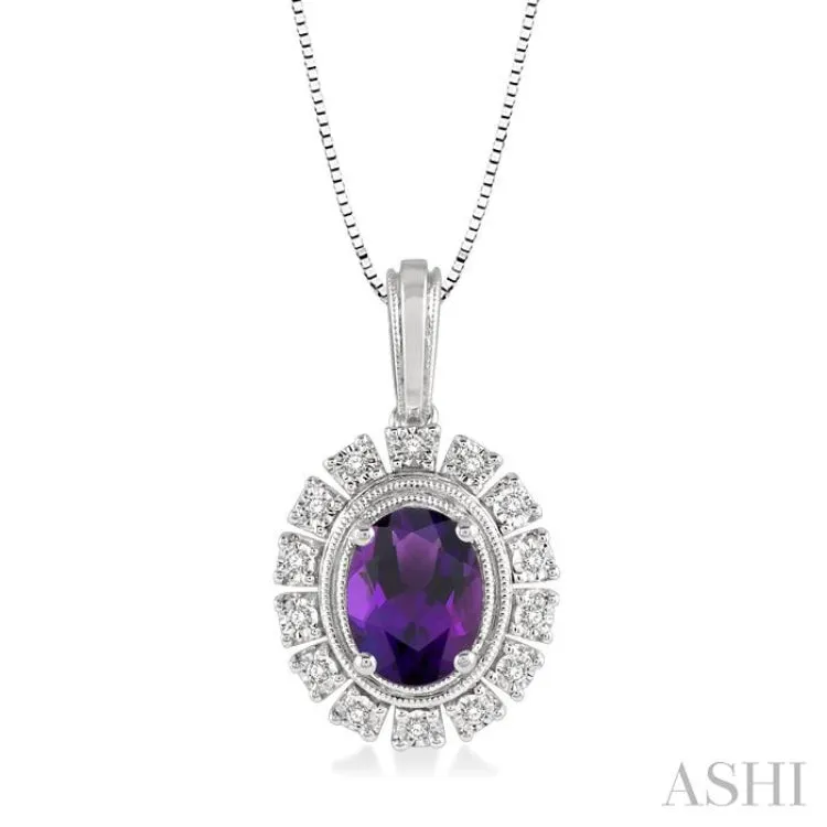 1/10 Ctw Oval Shape 8x6mm Amethyst & Round Cut Diamond Semi Precious Pendant With Chain in 10K White Gold