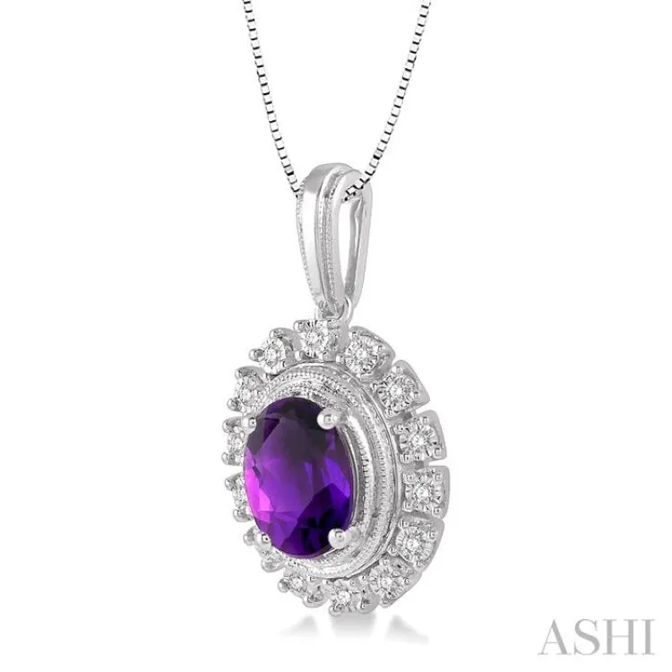 1/10 Ctw Oval Shape 8x6mm Amethyst & Round Cut Diamond Semi Precious Pendant With Chain in 10K White Gold