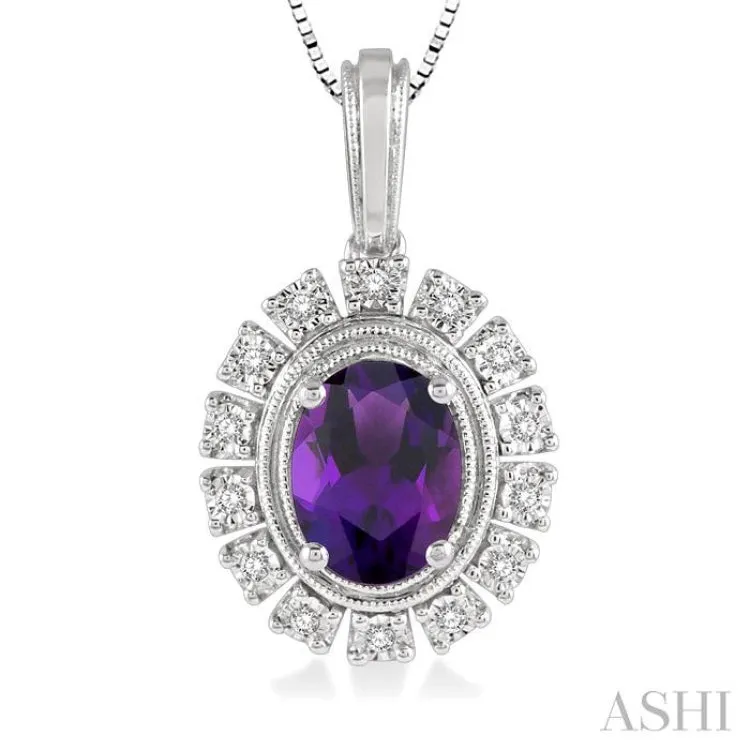 1/10 Ctw Oval Shape 8x6mm Amethyst & Round Cut Diamond Semi Precious Pendant With Chain in 10K White Gold