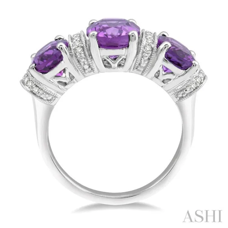 1/10 Ctw Round cut Diamond and Tri Mount Oval Cut 8x6mm & 7x5mm Amethyst Semi Precious Ring in 10K White Gold