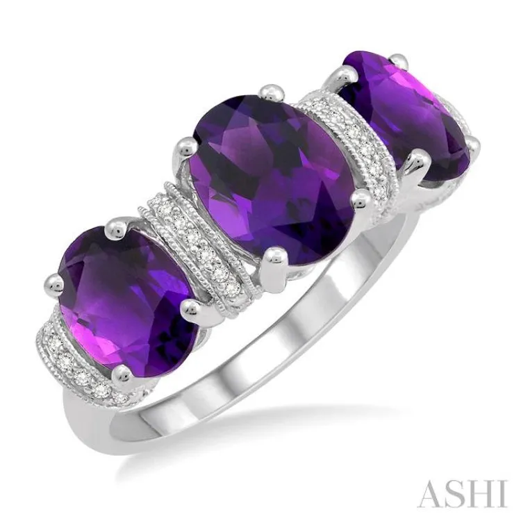 1/10 Ctw Round cut Diamond and Tri Mount Oval Cut 8x6mm & 7x5mm Amethyst Semi Precious Ring in 10K White Gold