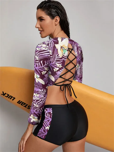 2022 Swimsuit Women Print Floral Long Sleeve Bikini 2 Piece Swimwear Retro Bikinis Set Bathing Suit