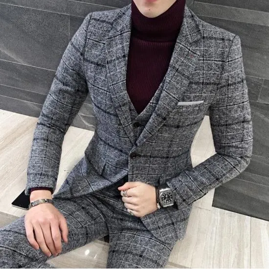 3 Pieces Suits Men British Style Designs Slim Fit Plaid Dress Tuxedo