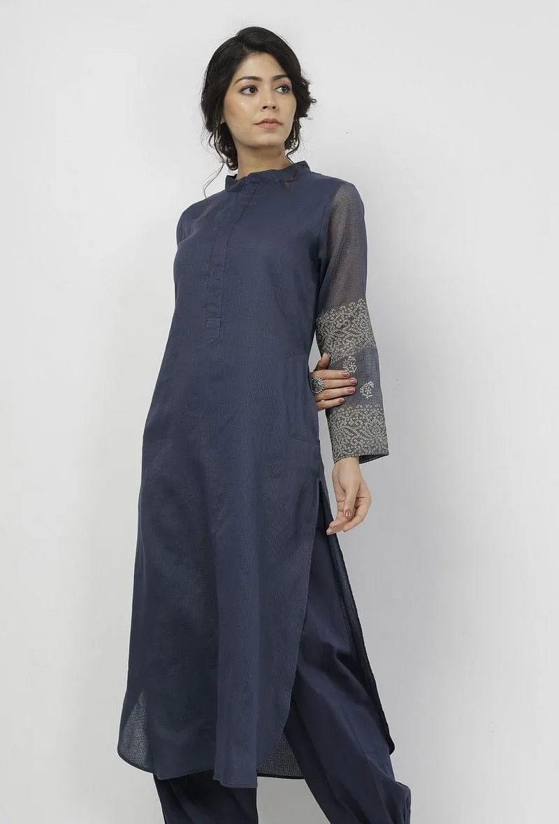 Aegean Blue Mandarin Collar Floral Hand-Block Kota Kurta