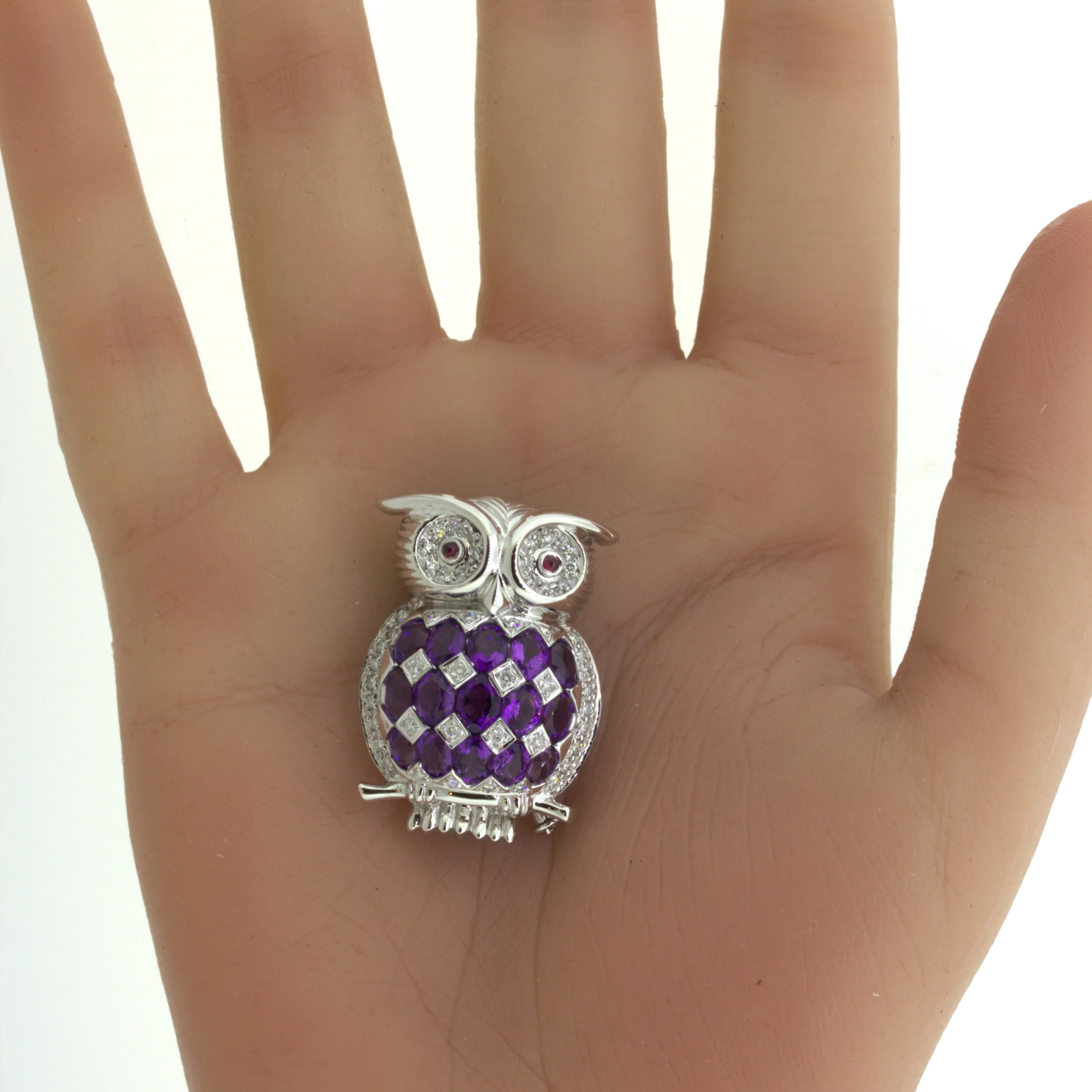 Amatheyst Diamond 18k White Gold Owl Pendant Brooch