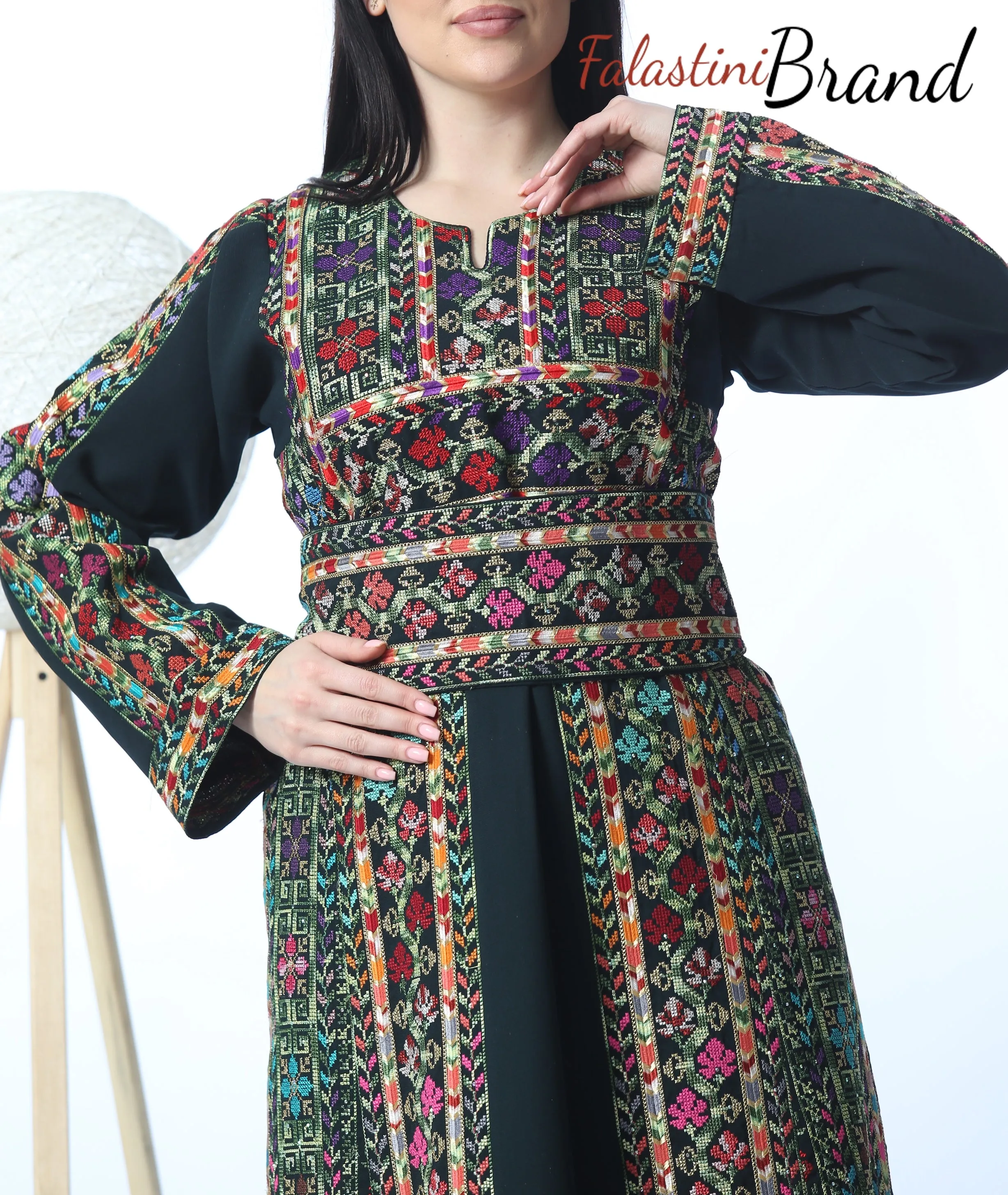 Amazing Dark Green Manajil Palestinian Embroidered Thobe Dress With Astonishing Embroidery