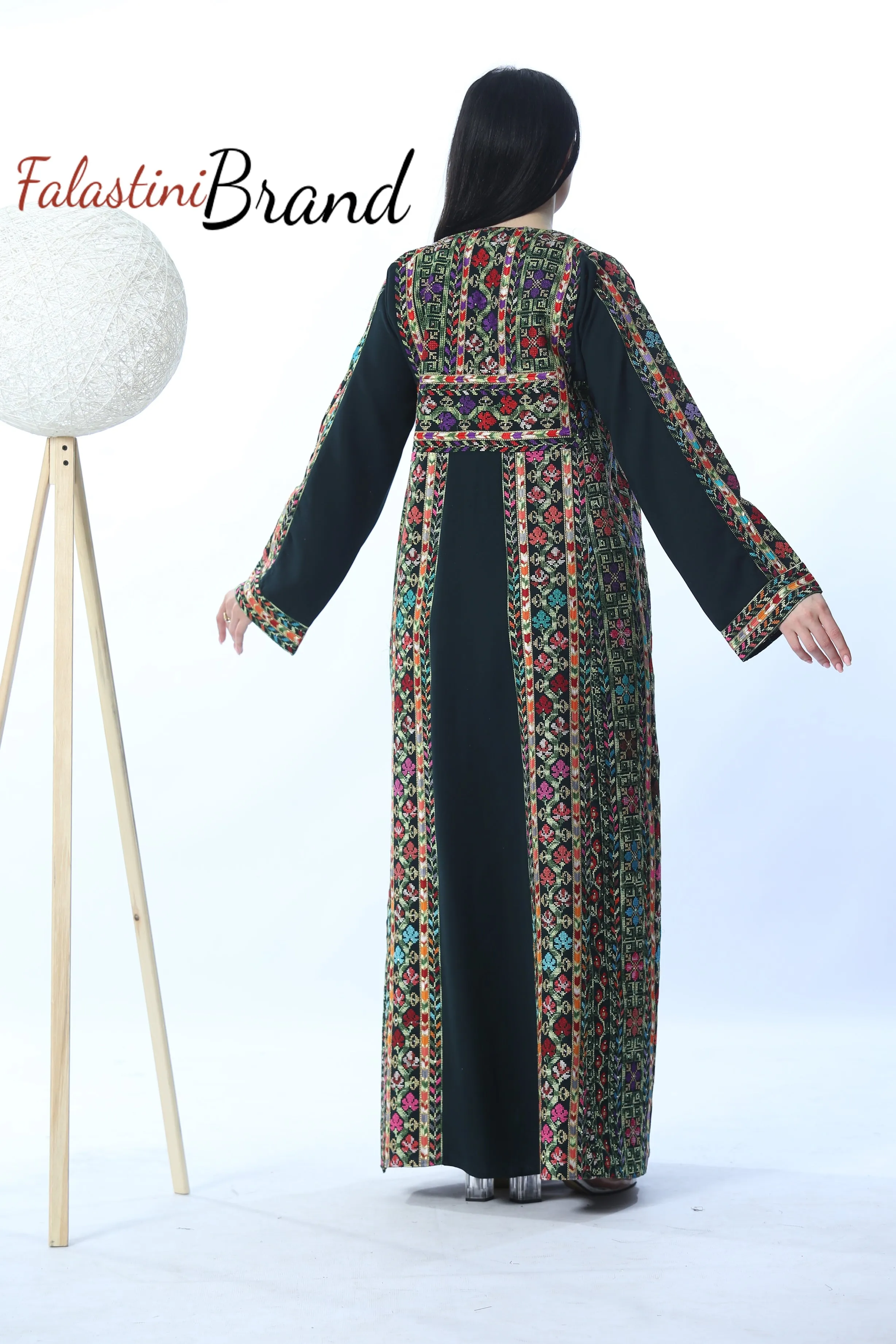 Amazing Dark Green Manajil Palestinian Embroidered Thobe Dress With Astonishing Embroidery