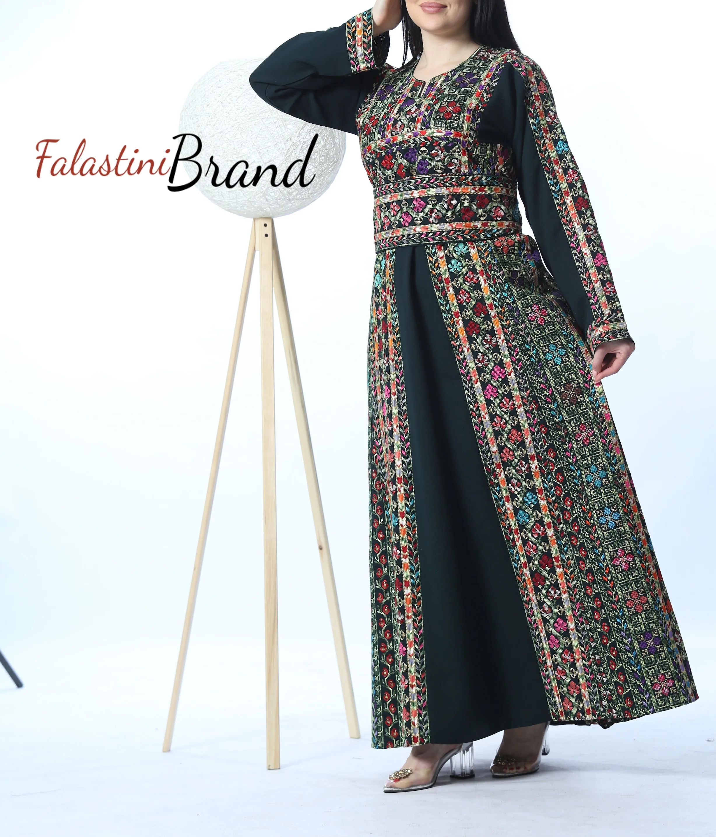 Amazing Dark Green Manajil Palestinian Embroidered Thobe Dress With Astonishing Embroidery