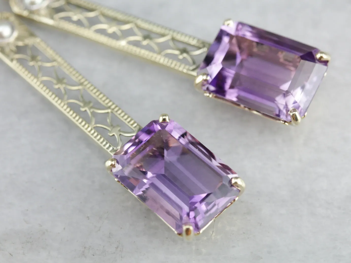 Amethyst and Pearl Filigree Drop Earrings