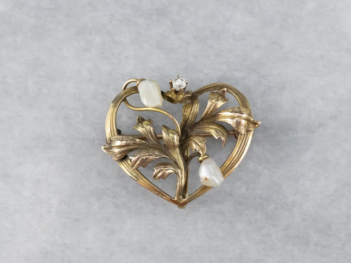 Antique Gold Natural Pearl and Diamond Pin