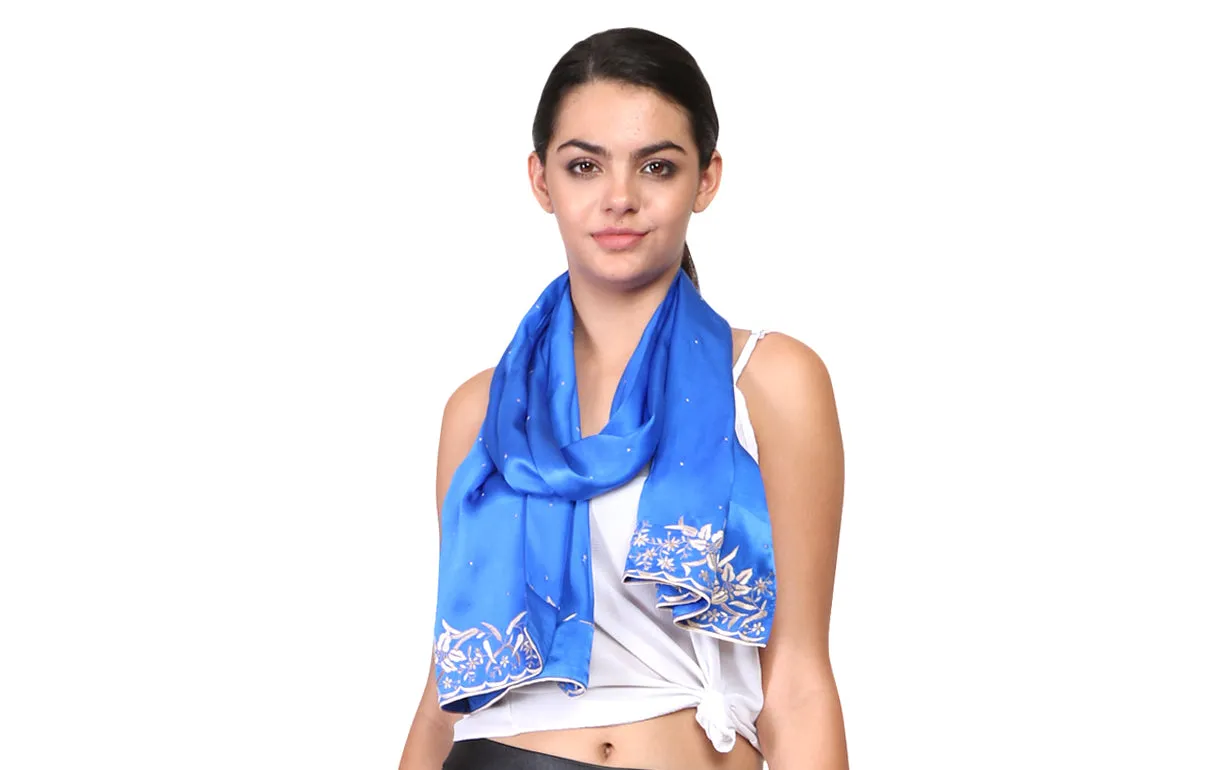 Blue Lily Flowers Parsi Embroidery Border Stole