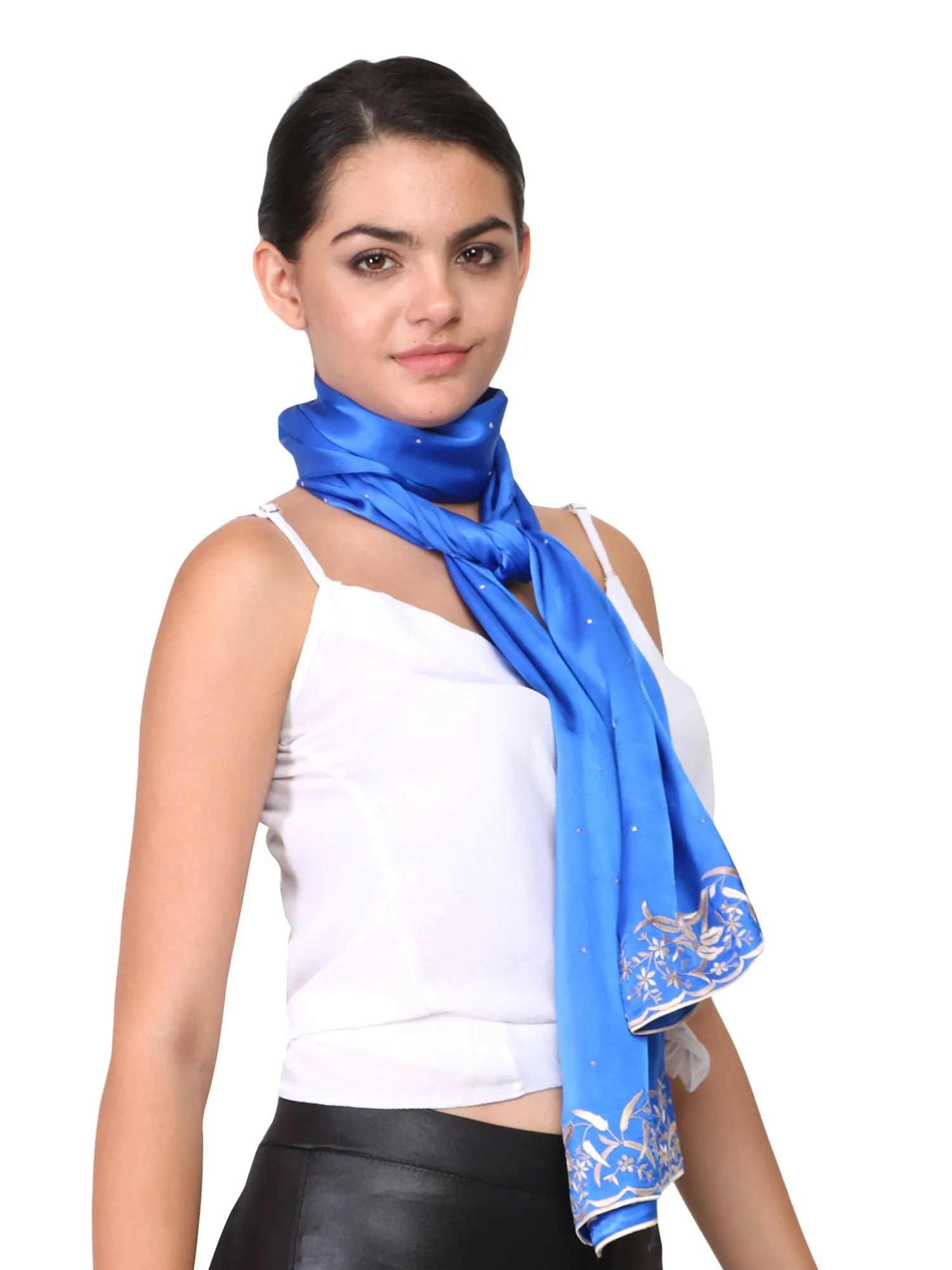 Blue Lily Flowers Parsi Embroidery Border Stole