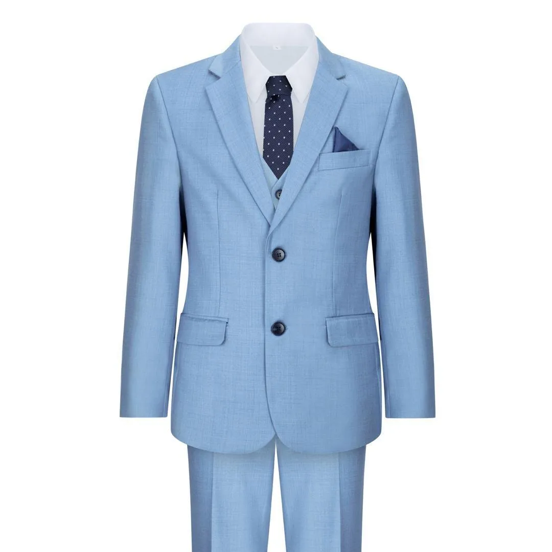 Boys 3 Piece Suit Sky Blue Light Wedding Party Christening Smart Formal