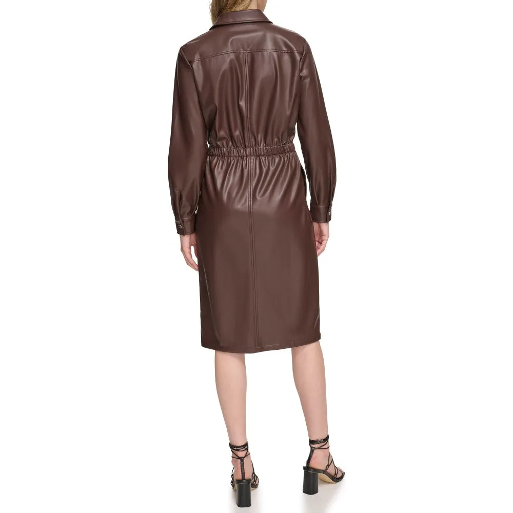 Calvin Klein Womens Faux Leather Long Sleeve Button Dress