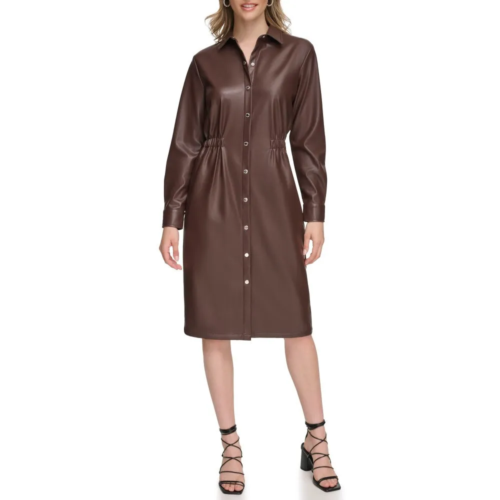 Calvin Klein Womens Faux Leather Long Sleeve Button Dress