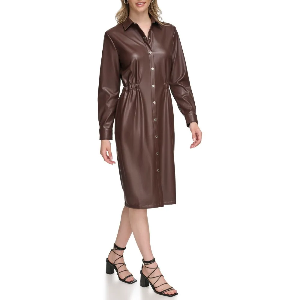 Calvin Klein Womens Faux Leather Long Sleeve Button Dress