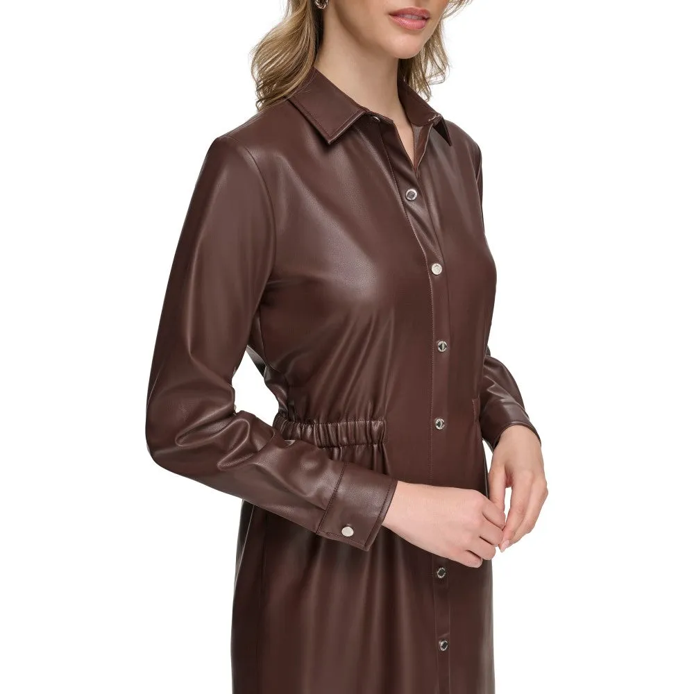 Calvin Klein Womens Faux Leather Long Sleeve Button Dress