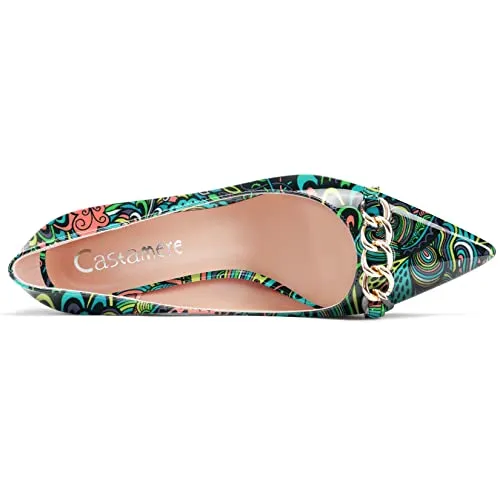 Castamere Women High Heel Chunky Block Pointed Toe Pumps Slip-on Party Dress 3.3 Inches Heels Green Multicolor