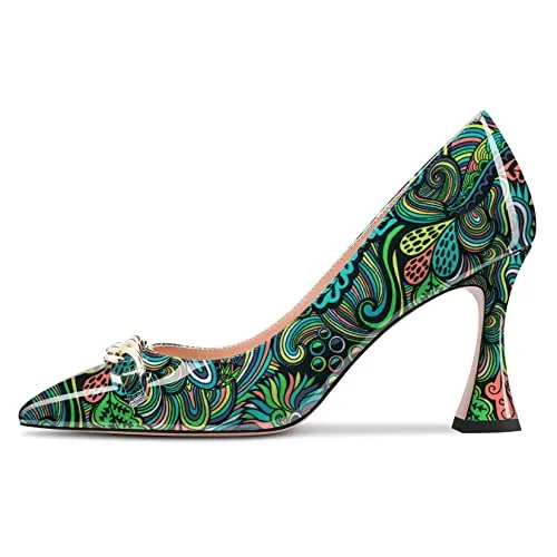 Castamere Women High Heel Chunky Block Pointed Toe Pumps Slip-on Party Dress 3.3 Inches Heels Green Multicolor