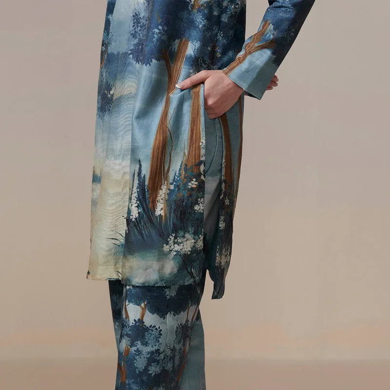 Chanderi Kurta Set for Women | Blue | Handpainted