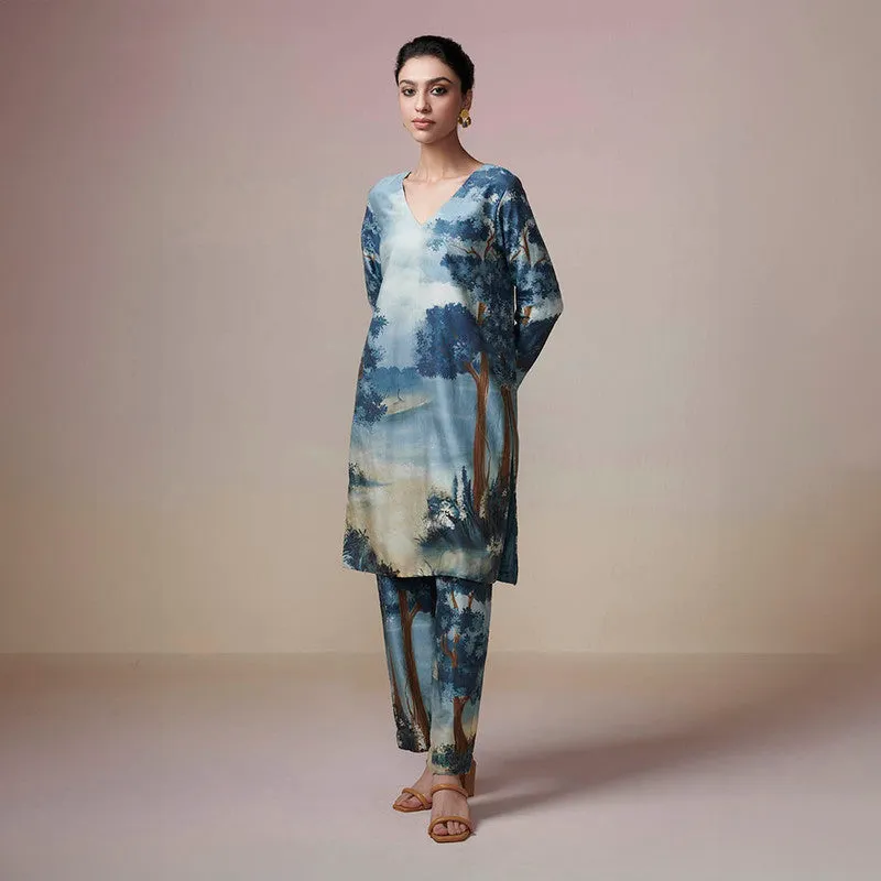 Chanderi Kurta Set for Women | Blue | Handpainted