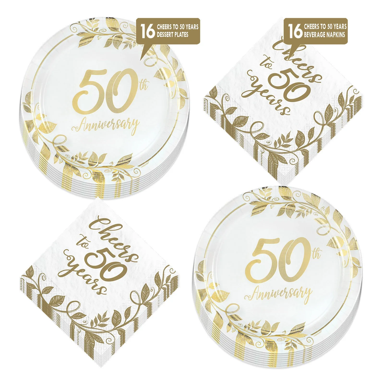 Cheers to 50 Years Gold Vine Happy 50th Anniversary Paper Dessert Plates and Beverage Napkins (Serves 16)