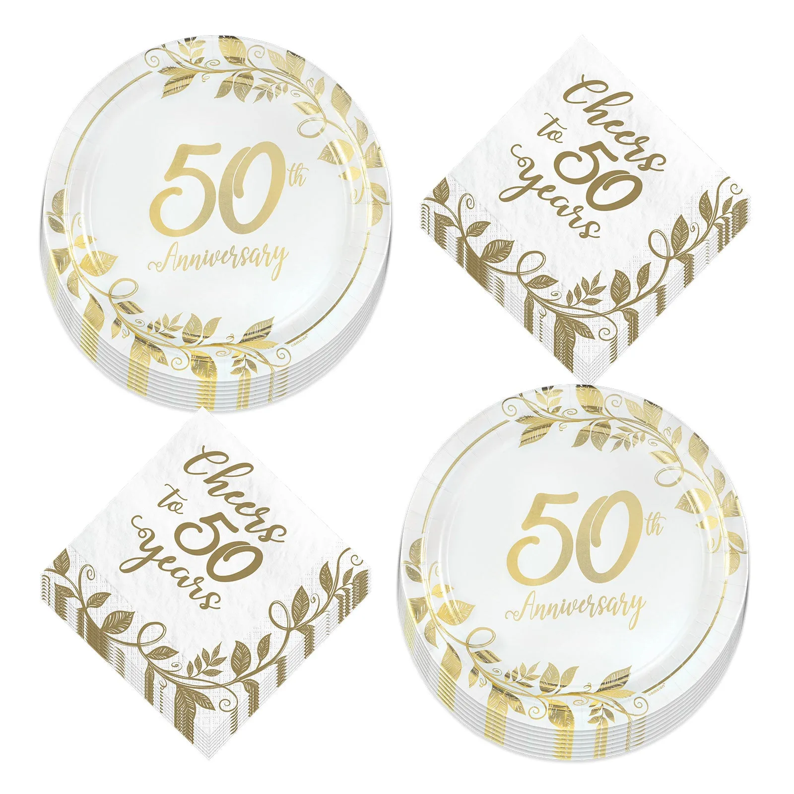 Cheers to 50 Years Gold Vine Happy 50th Anniversary Paper Dessert Plates and Beverage Napkins (Serves 16)