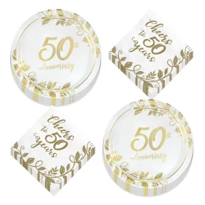 Cheers to 50 Years Gold Vine Happy 50th Anniversary Paper Dessert Plates and Beverage Napkins (Serves 16)