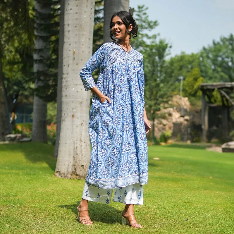 Cotton Anarkali Kurta for Women | Blue | Handblock Print