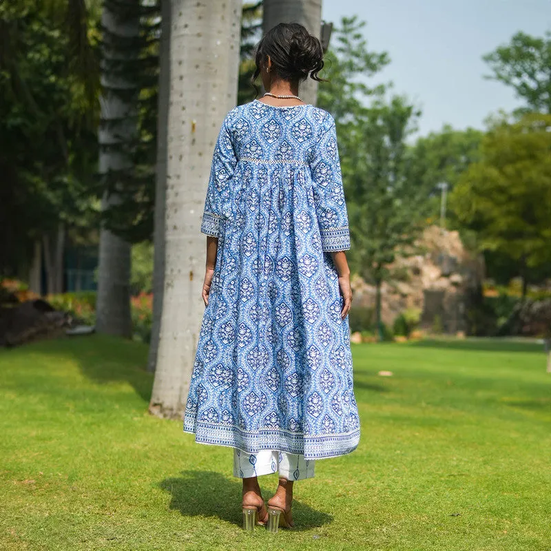 Cotton Anarkali Kurta for Women | Blue | Handblock Print