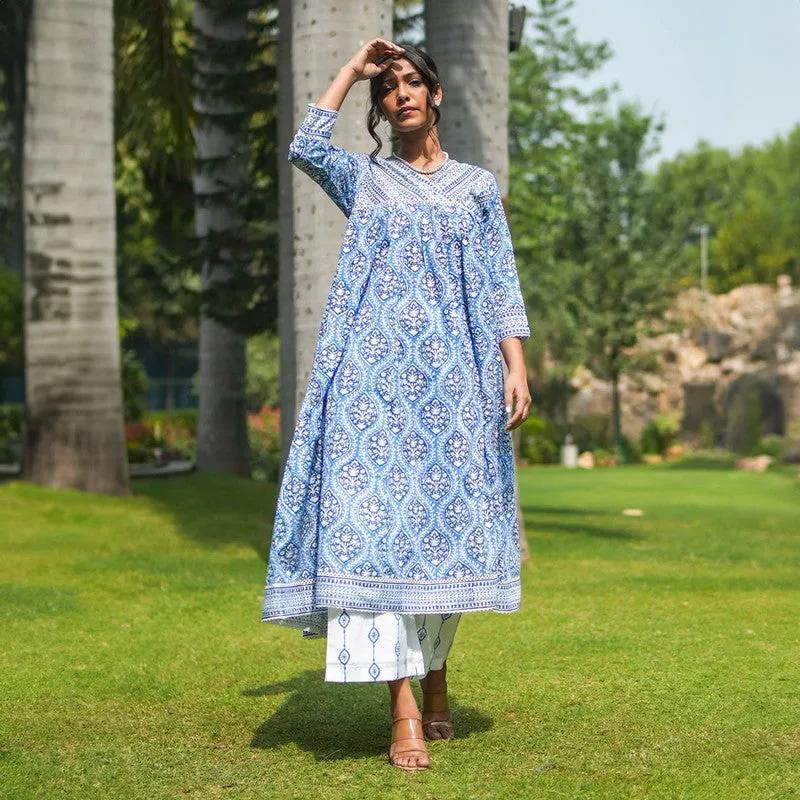 Cotton Anarkali Kurta for Women | Blue | Handblock Print