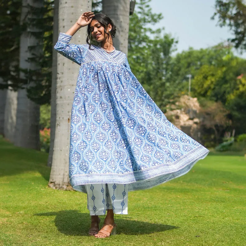 Cotton Anarkali Kurta for Women | Blue | Handblock Print