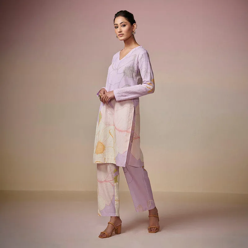 Cotton Linen Kurta Pant Set | Lavender | Floral Print