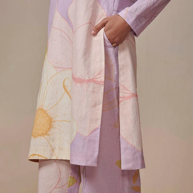 Cotton Linen Kurta Pant Set | Lavender | Floral Print