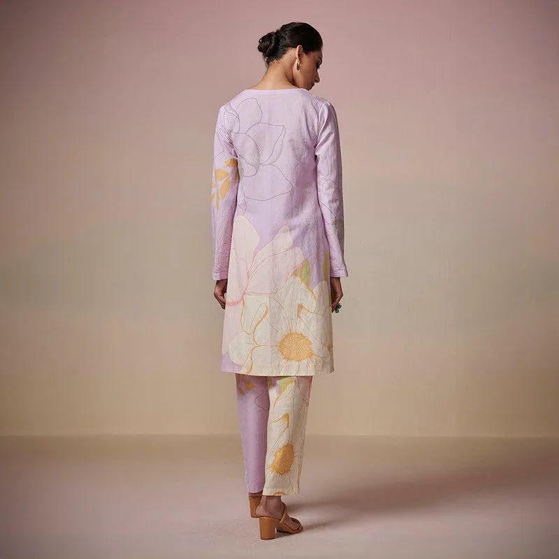 Cotton Linen Kurta Pant Set | Lavender | Floral Print