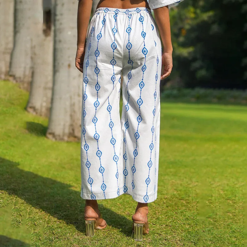 Cotton White Palazzo Pants | Handblock Printed