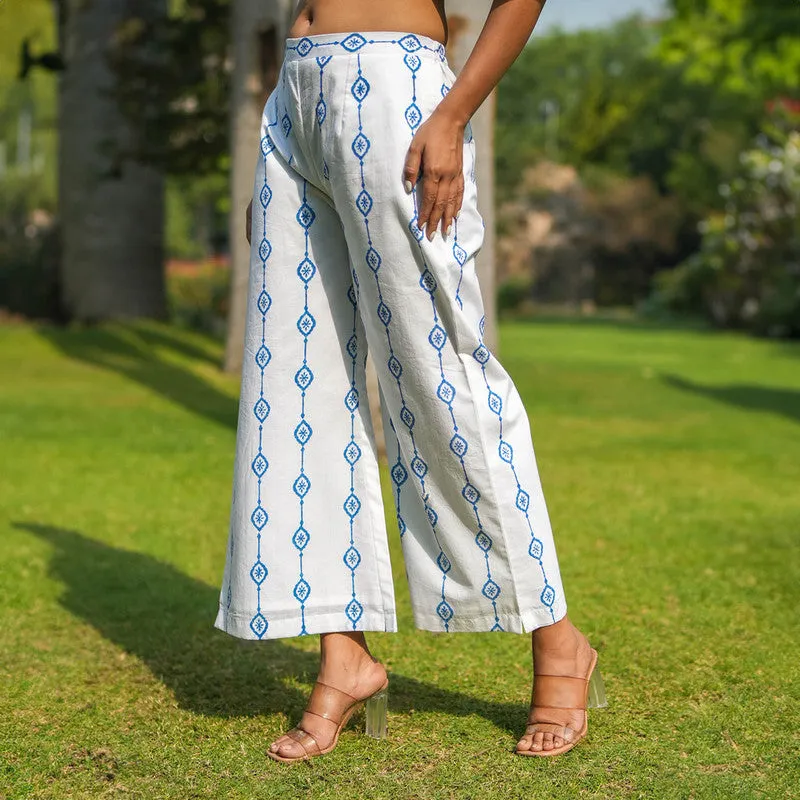 Cotton White Palazzo Pants | Handblock Printed