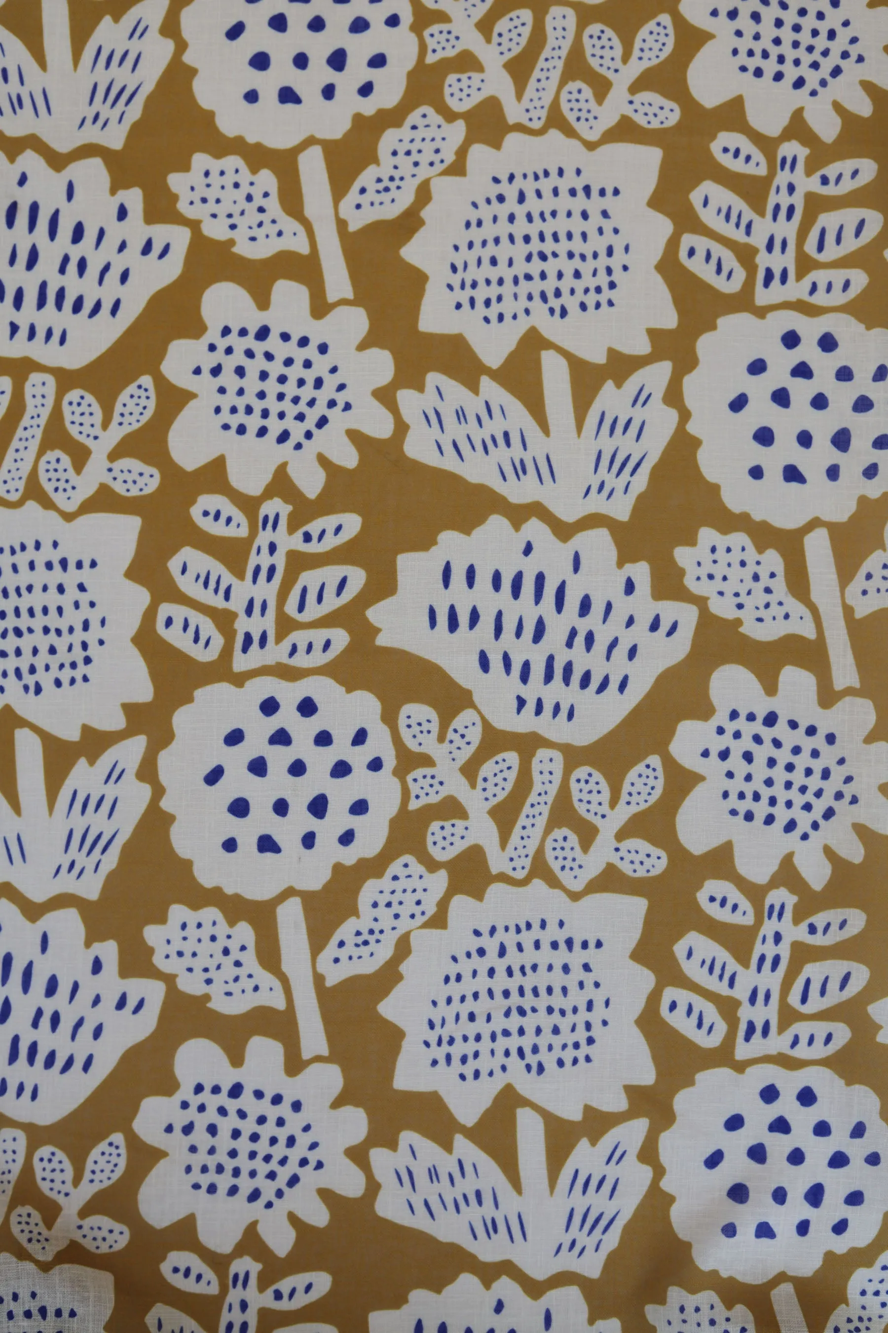 Cream and Yellow Geomatric Floral Pattern Printed Eco Poly Linen Fabric