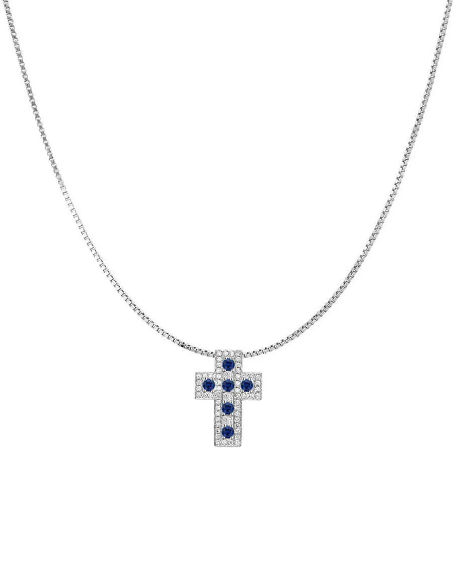 CROSS AND CHAIN - SAPPHIRE AND DIAMONDS - WHITE GOLD