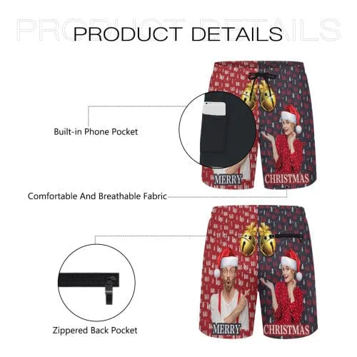 Custom Couple Photo Christmas Bell Men's 2 in 1 Running Shorts Workout Training Quick Dry Bodybuliding Athletic Shorts Jogger with Pockets