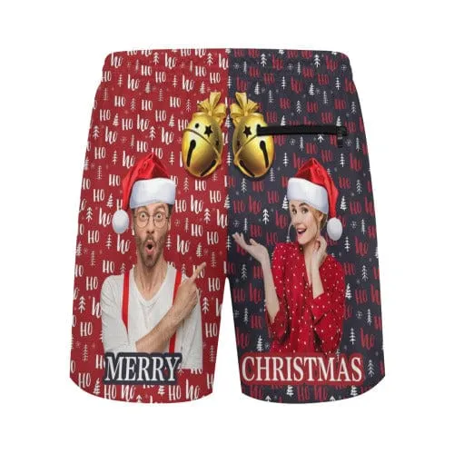 Custom Couple Photo Christmas Bell Men's 2 in 1 Running Shorts Workout Training Quick Dry Bodybuliding Athletic Shorts Jogger with Pockets