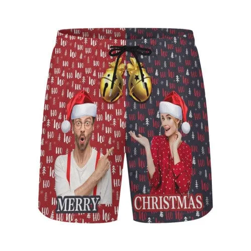 Custom Couple Photo Christmas Bell Men's 2 in 1 Running Shorts Workout Training Quick Dry Bodybuliding Athletic Shorts Jogger with Pockets