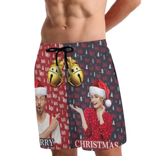 Custom Couple Photo Christmas Bell Men's 2 in 1 Running Shorts Workout Training Quick Dry Bodybuliding Athletic Shorts Jogger with Pockets