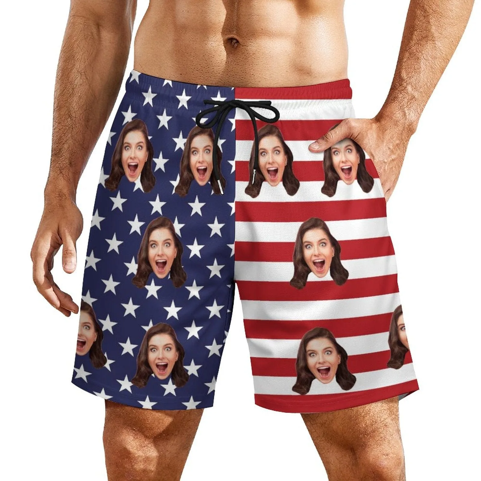 Custom Face American Flag Couple Matching Women's Tankini Sets&Men's Quick Dry 2 in 1 Beach Shorts