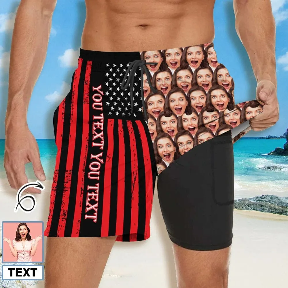 Custom Face American Flag Couple Matching Women's Tankini Sets&Men's Quick Dry 2 in 1 Beach Shorts